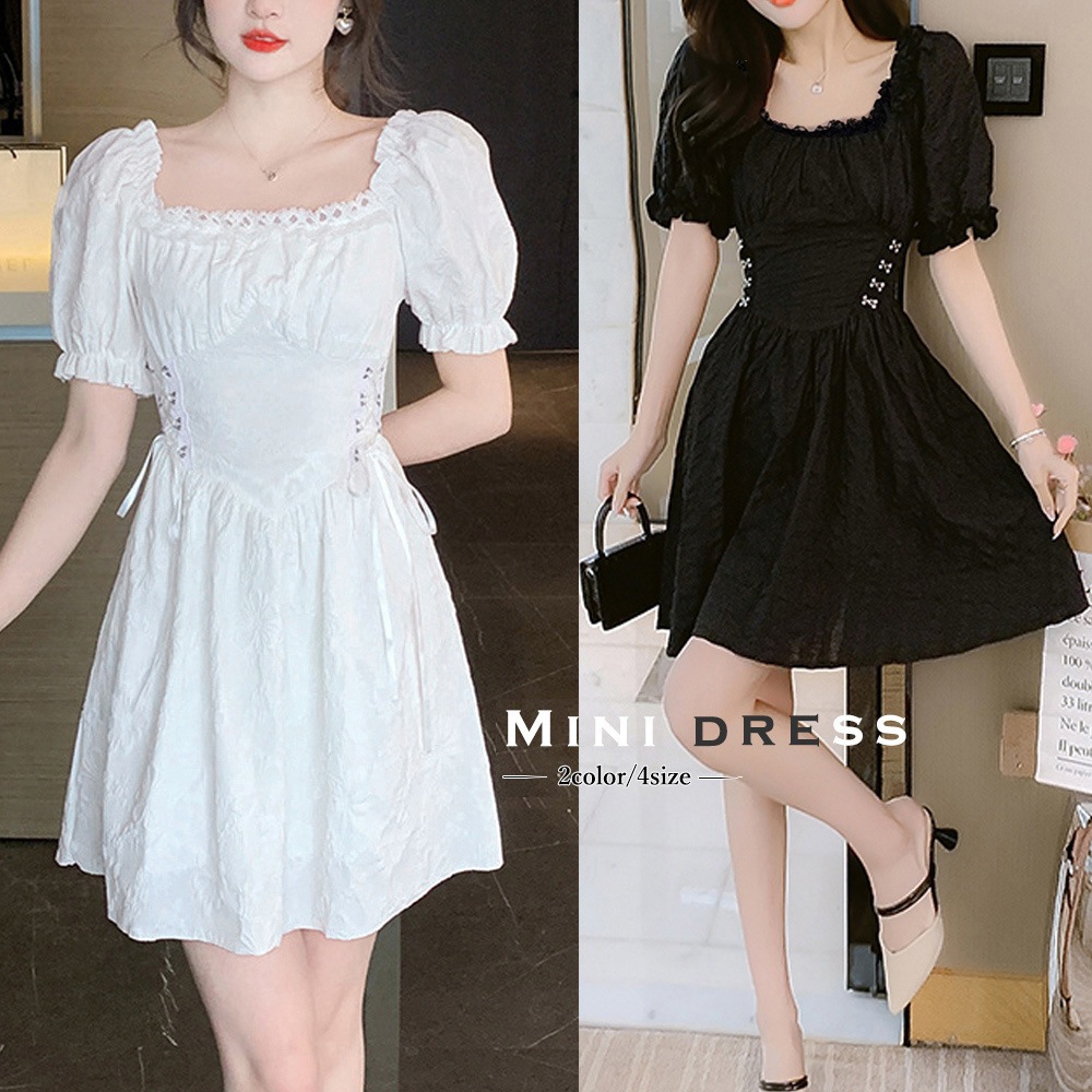 国内即納 スクエアネック ミニワンピース無地パフ袖