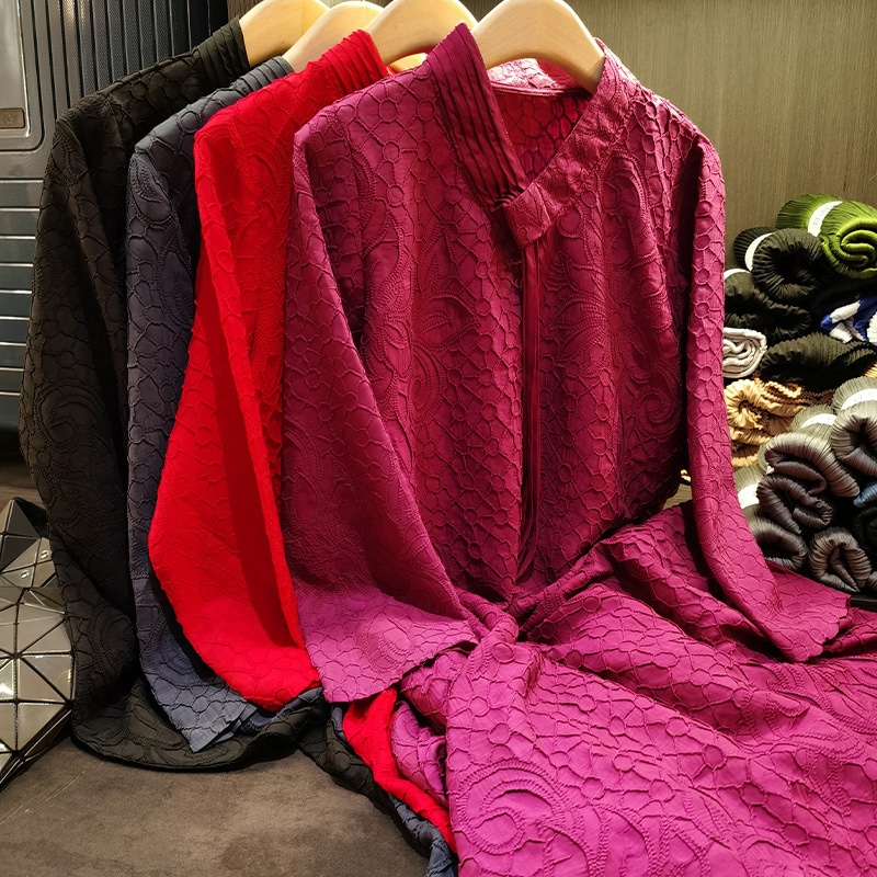 気質通勤長袖純v襟フリンジデザインしわワンピースゆったりa字スカート秋冬