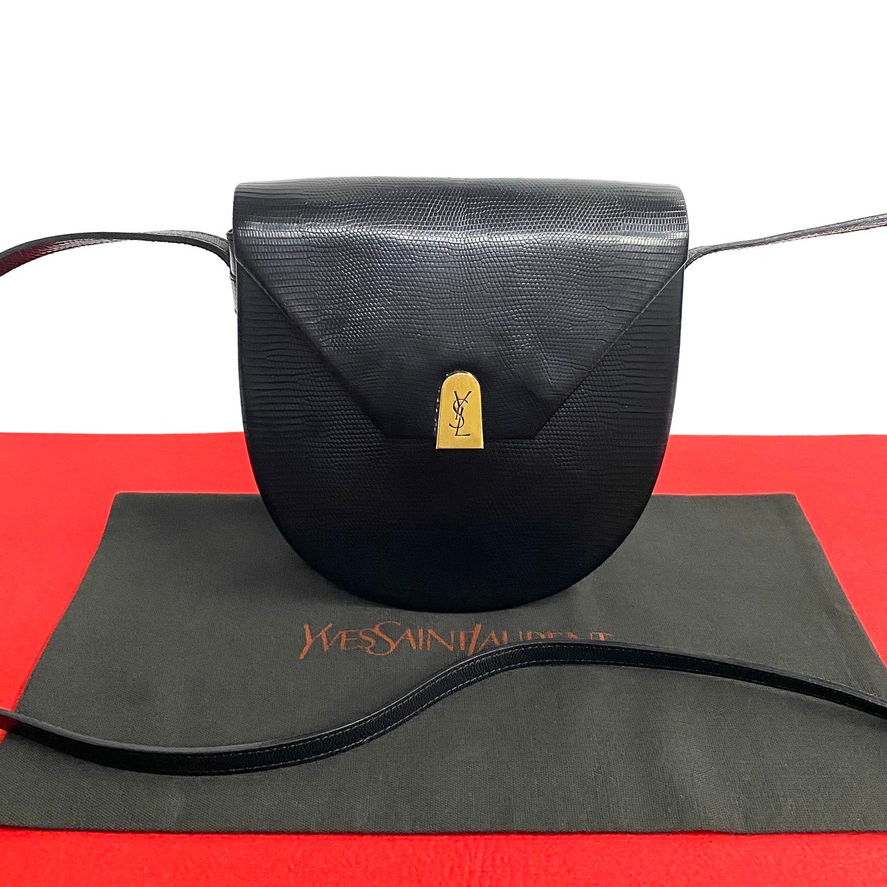 ヴィンテージ YSL ロゴ 金具ショルダーバッグ リザード ブラック 13000