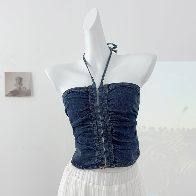 【1点ご購入 で10点プレゼントいたします】フレンチギャルのセクシー首掛けデニムベスト女夏2025ワンワード肩シワスリムショート丈トップス