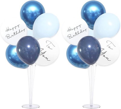 他サイト： バルーンスタンド 風船セット バースデー 誕生日 飾り 床用 ホルダー 男の子 女の子 くすみ メタル MIX 2セット(ブルーMIX, 2台+風船（誕生日）)の商品画像