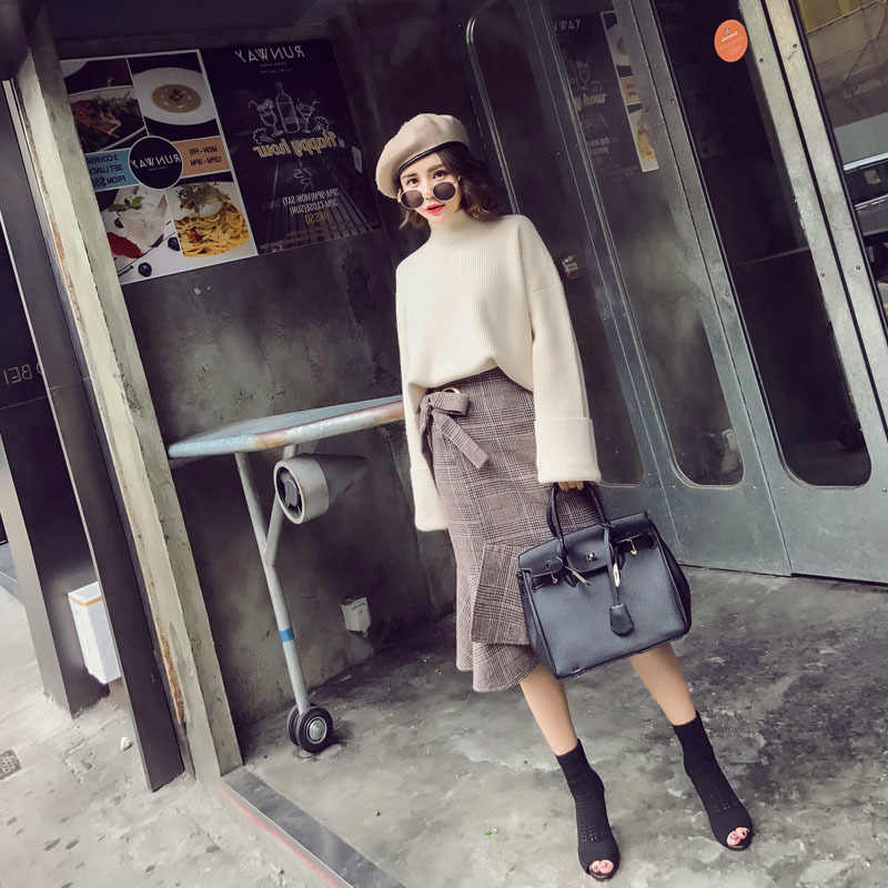 レディース 2点セット ハイネック ニット マーメイドスカート チェック ミモレ丈 カジュアル 可愛い フェミニン きれいめ 上品 エレガント おしゃれ お出かけ オフィス お呼ばれ ベージュ S M