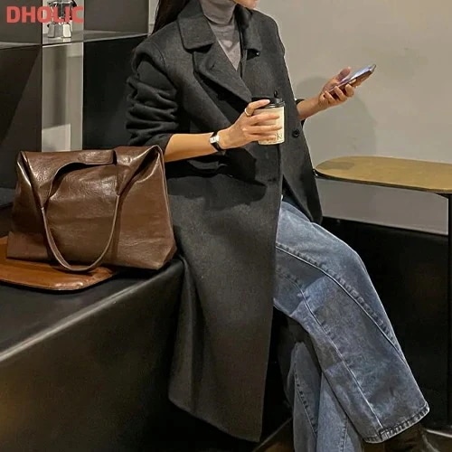 ベルト付ウール混ボタンカラーハイネックロングルーズ長袖コート・1939481