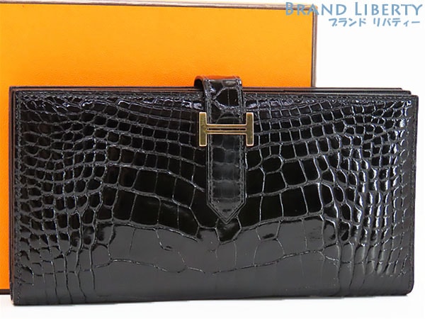 美品エルメスベアンスフレアリゲーターシャイニー二つ折り長財布マチ有りクロコダイルブラックローズゴールド金具