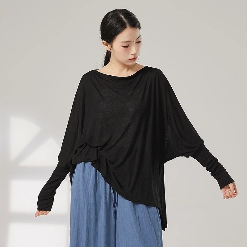 レディース トップス ロンT ブラウス 長袖 ラウンドネック 襟なし ワイド 裾ワイド ストリート 透け感 シースルー 薄手 シアー 大人可愛い シンプル カジュアル おしゃれ かっこいい アジアン