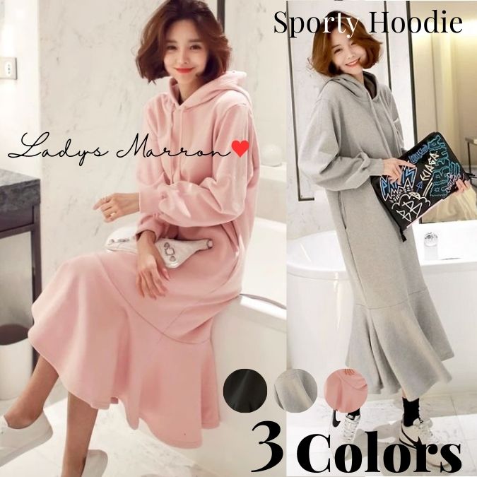 新作入荷 パーカーワンピース フード付きワンピース ロングパーカーワンピース スウェットロングワンピース パーカーワンピ レディース 韓国 レディース ワンピース ロングワンピース マーメイド マーメ