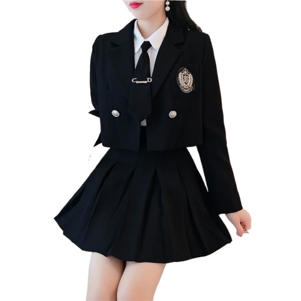 SHENGBO制服女性かわいいイギリススタイルブラックホワイトマイジャケット冬服スカート制服ルックセット+ QDR124