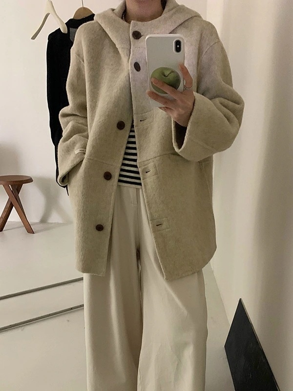 両面カシミヤコート女性小柄連帽ゆったりカレッジ風ウールコート