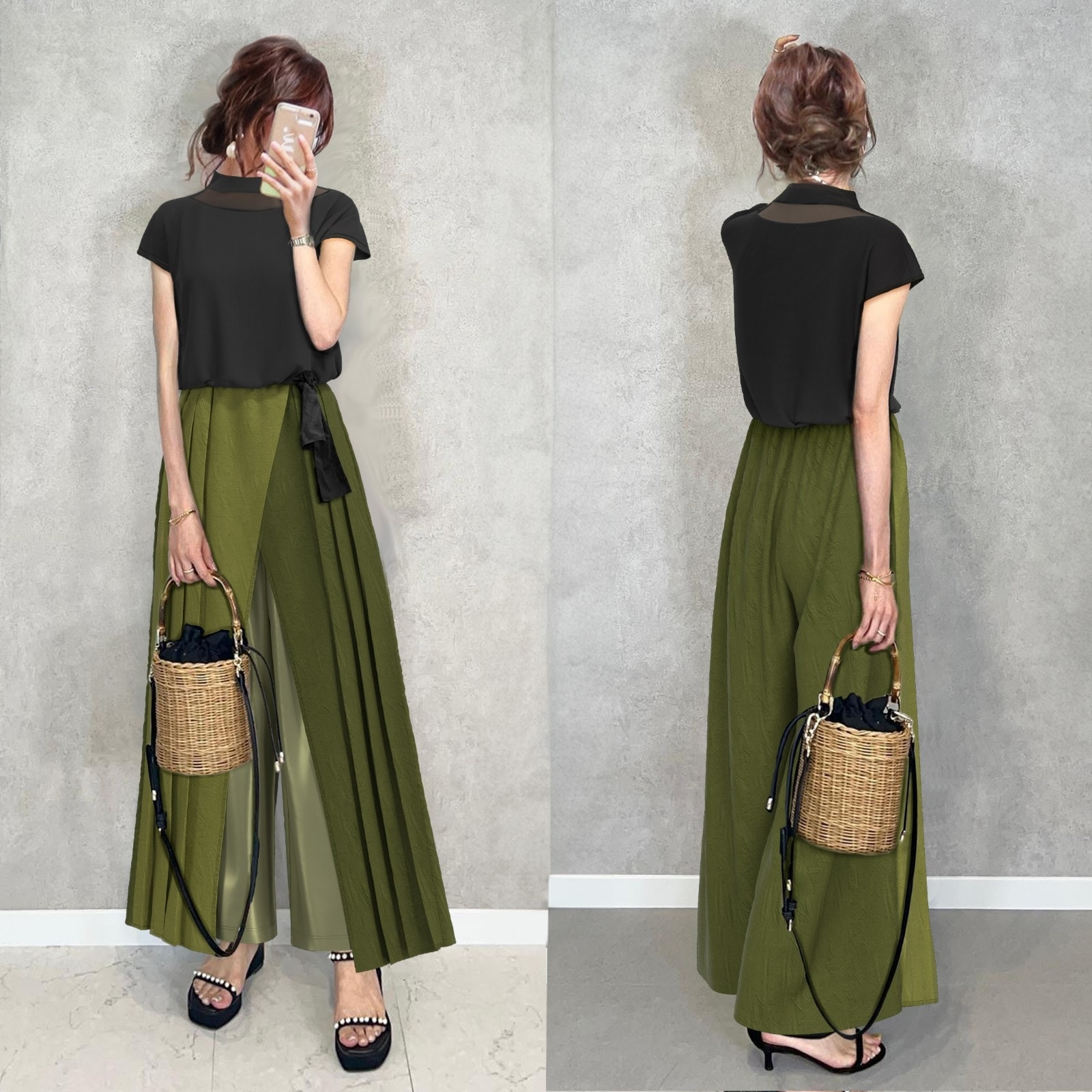 【品質いいな新品】 好感度UP 半袖 キレカジ Tシャツ+ ギャザー ボウタイ 配色 パンツセット