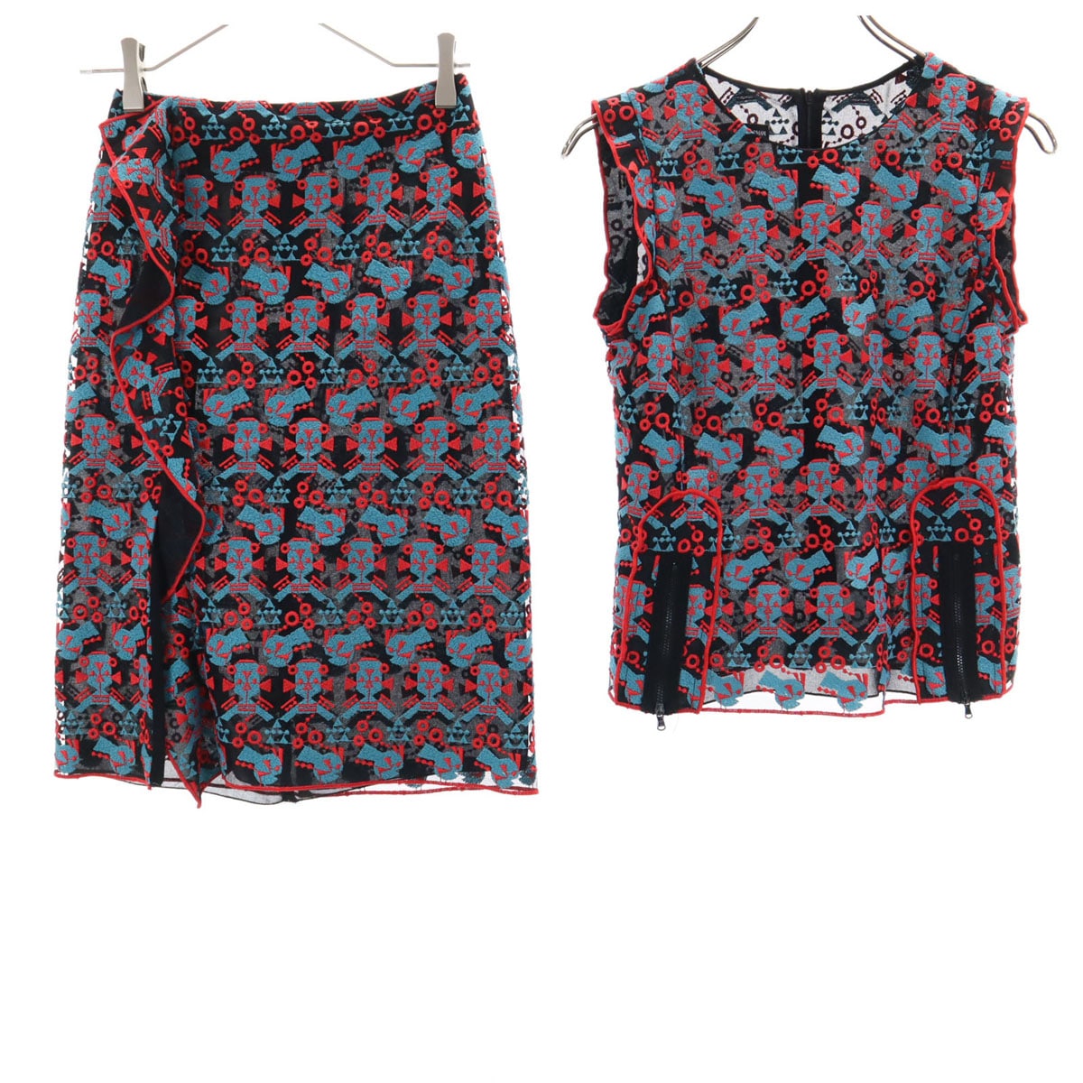 総柄 ノースリーブ シアー ブラウス 上下セットアップ 38 ブラック レディース 古着 6,060円