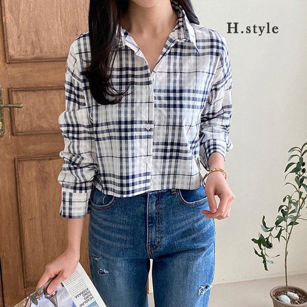 HスタイルDKバーリチェッククロップNB/春の新商品/季節の変わり目/長袖/シャツ/NB/ブラウス