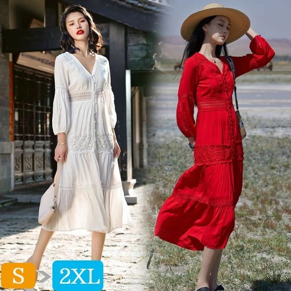 ハワイ リゾートワンピース ミモレ丈 長袖 Vネック 体型カバー 無地 夏ワンピ ロングワンピース 沖縄 海外旅行 ホワイト レッド レディース ミモレワンピース おしゃれ 大人可愛い 細見え dm1
