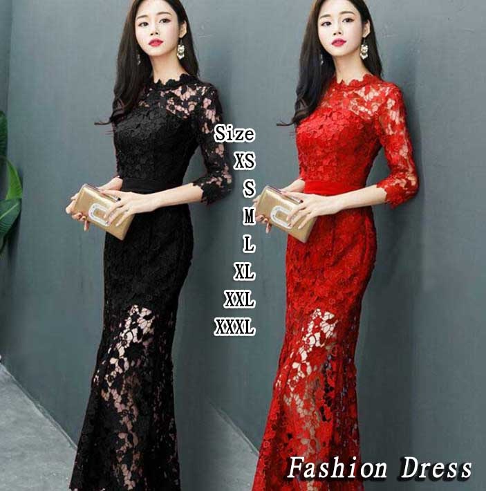 レディースドレス 3色 エレガント レース風無地 おしゃれ ロングワンピース 高級感 ワイン レッド ブラック ファスナー 宴会 パーティー ウェディングドレス お呼ばれ 二次会 忘年会 結婚式 着痩