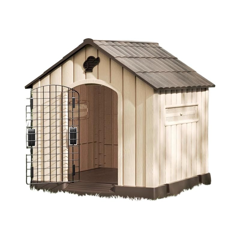 犬小屋 PPプラスチック製 大型 中型犬用 室内外兼用 防風防雨 イールを装備 清潔でメンテナンスが簡単 幅66×奥行70×高さ70CM 四季を問わずお使いいただけます (ブラウン（ドア付きタイプ）