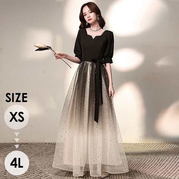 パーティードレス レディース ロング 演奏会 袖付き キラキラ ドレス レディース ブラック 黒 小さいサイズ XS 大きいサイズ 4L ぽっちゃり 半袖 長袖 成人式 同
