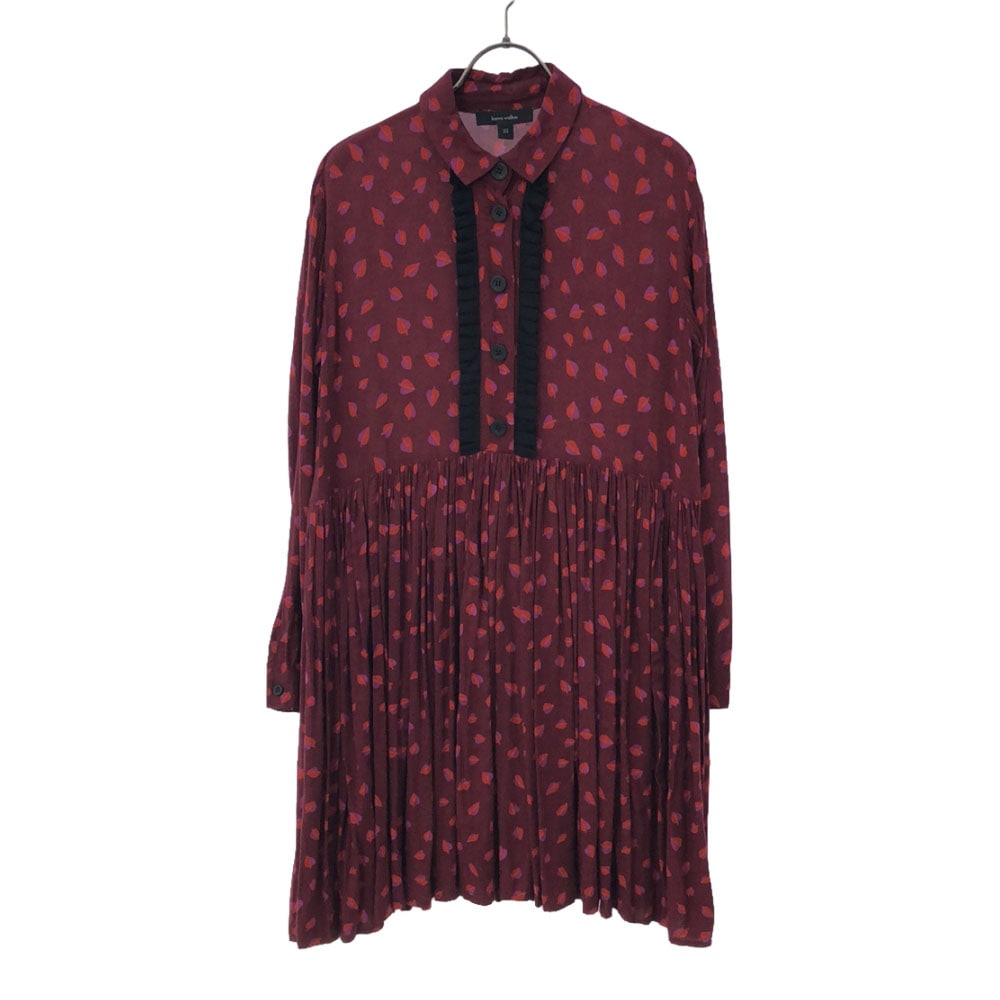 リーフ柄 長袖 膝丈ワンピース 2 レッド系 レディース 5,351円