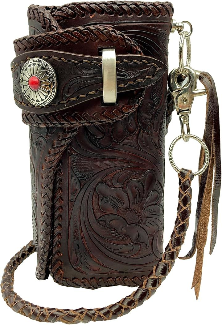 バイカーズウォレット カービング メンズ 財布 長財布 ベルト (Dブラウン/Dブラウン ベルト, 10 cm x 20.3 cm x 3.8 cm)