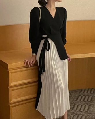 ドレス ミモレ ミモレ丈 長袖 ラウンドネック Aライン プリーツ ウエストリボン 大人可愛い きれいめ シンプル 大人 上品 おしゃれ お洒落 大人女子 ラブリー キュート モード系 セクシー