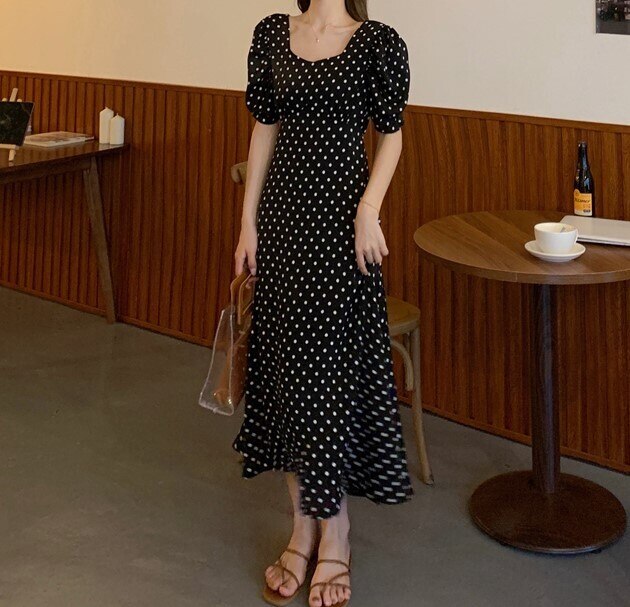 2色 レトロ風 ワンピース 半袖 春 夏 きれいめ カジュアル かわいい フォーマル aライン Aライン フレア ティアード ワンピドレス ロング ロング丈 9分丈 アンクル丈 五分袖 ボリューム袖