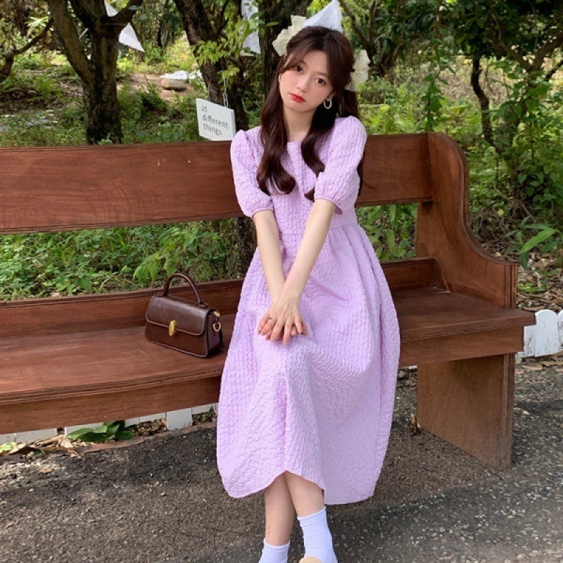 優しいスタイルとスーパーフェアリーの新作夏風パープル半袖ドレス フランス初恋キキョウハイウエストスリムロングスカート