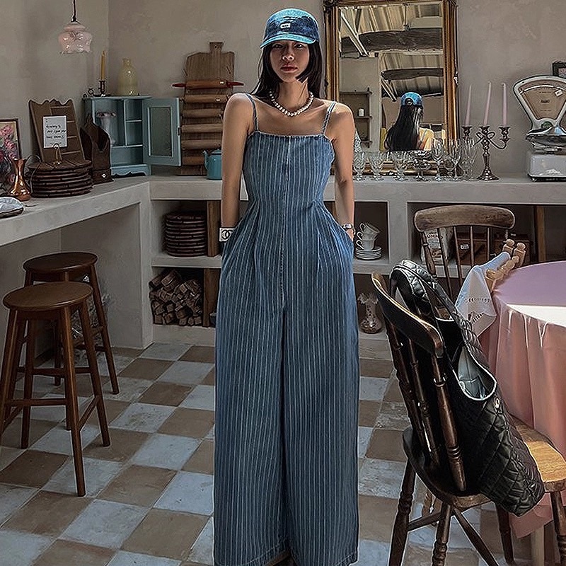 ストライプサロペット レディース サロペット オールインワン キャミオールインワンサロペットパンツ ジャンプスーツ ストライプ柄 ハイウエスト タック ワイドパンツ 華奢見え 楽ちん ポケット カジュ 4,935円