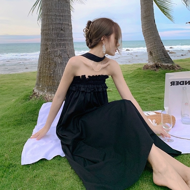 ワンピース レディース ロングワンピース S M L XL ブラック 韓国 サマードレス ノースリーブ Aライン ロング丈 フリル ホルターネック チョーカー風 ゆったり ルーズ 体型カバー 華奢見え