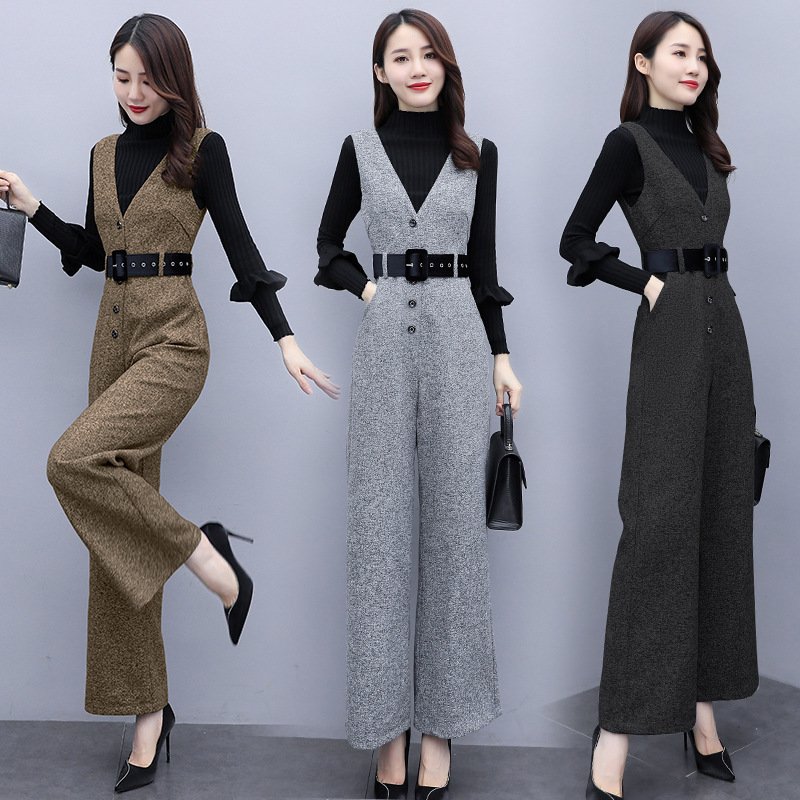 オールインワン レディース 40代 秋冬新作 長袖 ニットトップス サロベットパンツ ワイドズボン オシャレセットアップ ラシャ2点セット 上品 通勤 入学式 卒業式