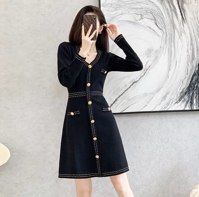 ワンピース モテアイテム エレガント ミニ丈 長袖 Vネック スリム タイト 細身 Aライン ボタン ポケット 伸縮性 きれいめ シンプル 大人 上品 おしゃれ お洒落 レトロ アジアン ラブリー