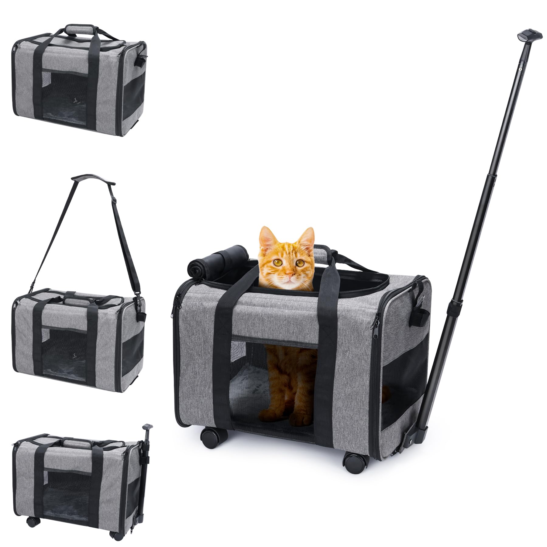 Azamia ペットキャリー キャスター付き 小型犬 猫 キャリーバッグ 折りたたみ マット付き 通気 伸縮トロリー ペットキャリーカート車載用 散歩 旅行 通院(グレー)