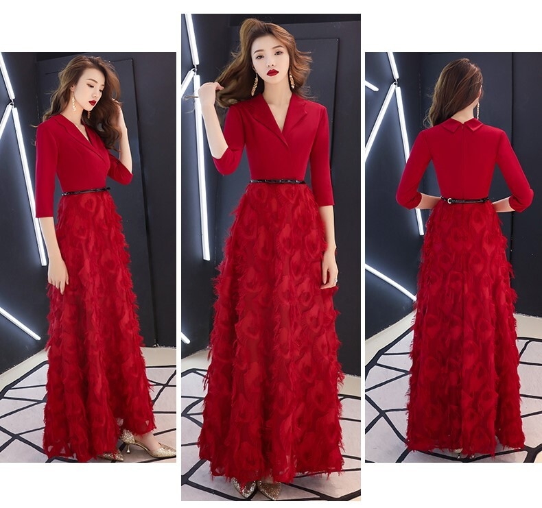 ワンピドレス ロング丈 Vネック フリンジ 襟付き 七分丈 ファスナー ワンピース ロング 袖あり