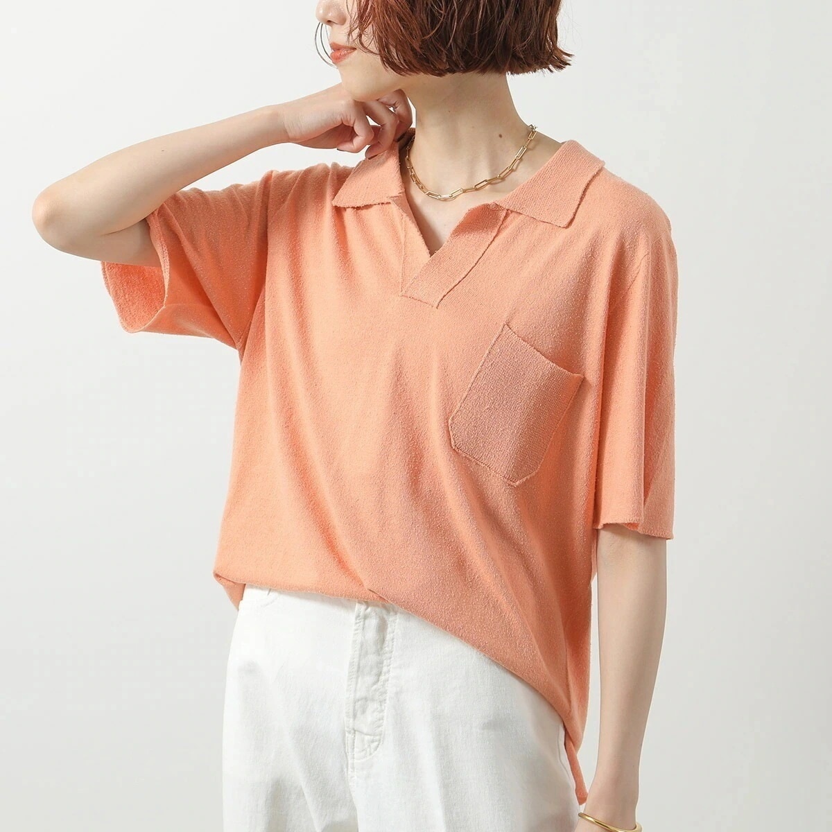 LONGO ロンゴ ポロシャツ S022211L レディース シルク 5分袖 オーバーサイズ リラックスフィット ロゴ 胸ポケット 449