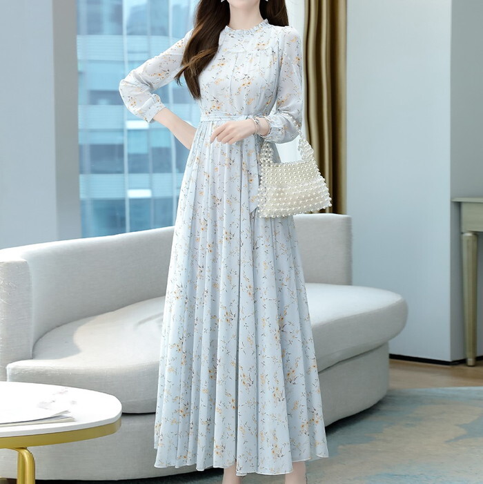 ワンピース レディース 花柄ワンピース 花柄 小花柄 フラワー シフォンワンピース シフォン フリル ハイネック 長袖 フレアワンピース フレア ハイウエスト ウエストマーク リボン