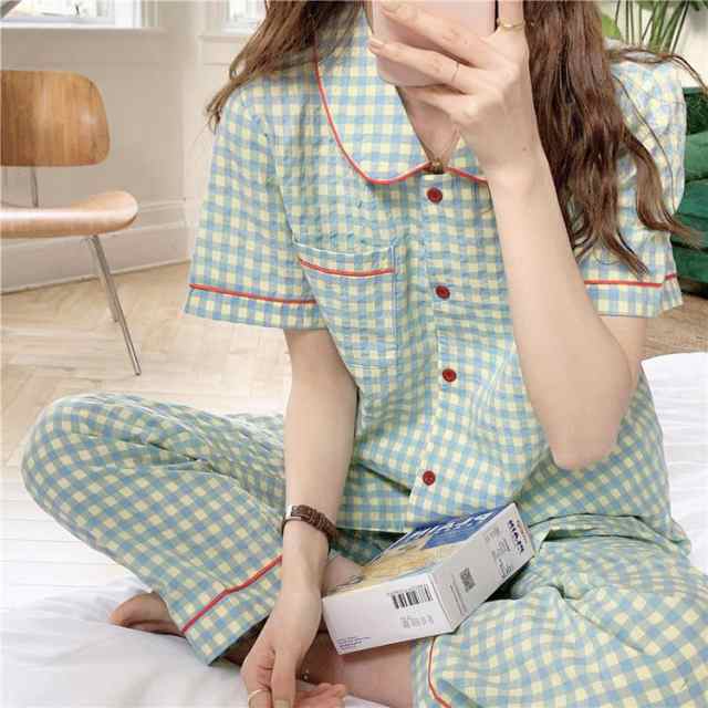 新品 パジャマ ルームウェア レディース 春夏 半袖パジャマ 可愛いルームウェア チェック柄上下セット パジャマ ネグリジェ 部屋着 ゆったり 韓国風 オシャレ
