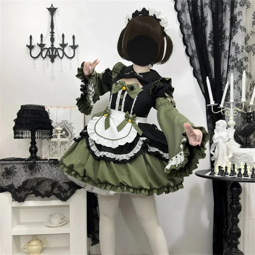 2025新品新作 3点セット 5色 可愛い メイド服 S M L ロリータ 撞色 ワン セットアップ