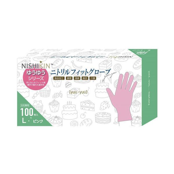 （まとめ） 錦尚金ゆうゆうグローブ ニトリルフィットグローブ パウダーフリー ピンク L 1箱（100枚） [x5セット]