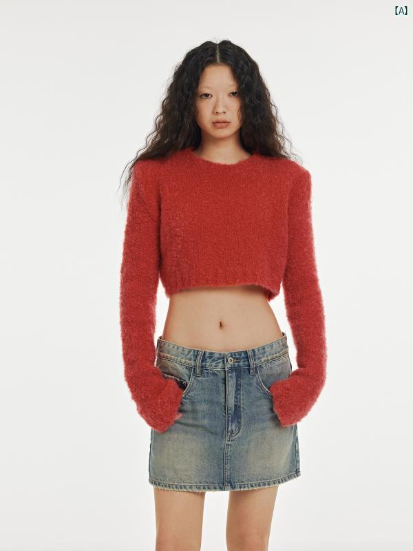 レディース　ファッション　レディースファッション　海外風 モヘア サークル ウール ショルダーパッド 付き クロップド セーター 快適 アン スクエア ショルダー ショート ニット トップ