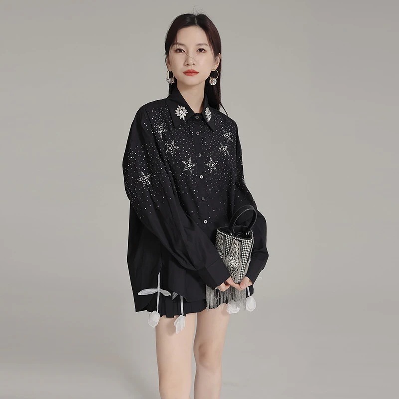 【J.Fashion】 星飾り 長袖 ブラウス ゆったり ロンT ロングブラウス 関連商品は店で購入可能 福袋 T