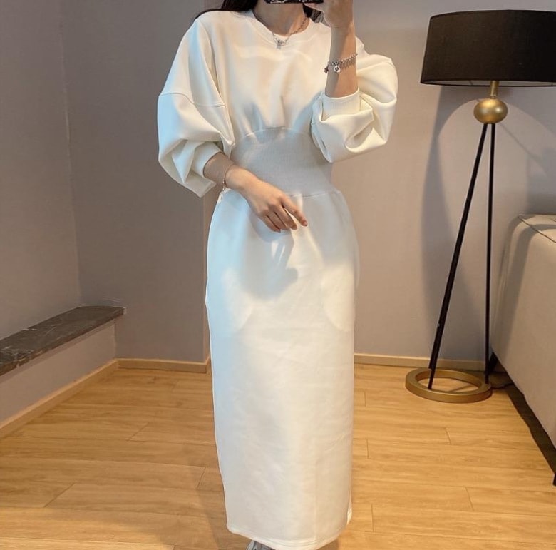 ハイウエストワンピース ロングワンピース ウエスト細見え 美ライン 白 黒 韓国 レディース オルチャン ボリューム袖 ぽわん袖 謝恩会 二次会 大人カジュアル 長袖 ラウンドネック