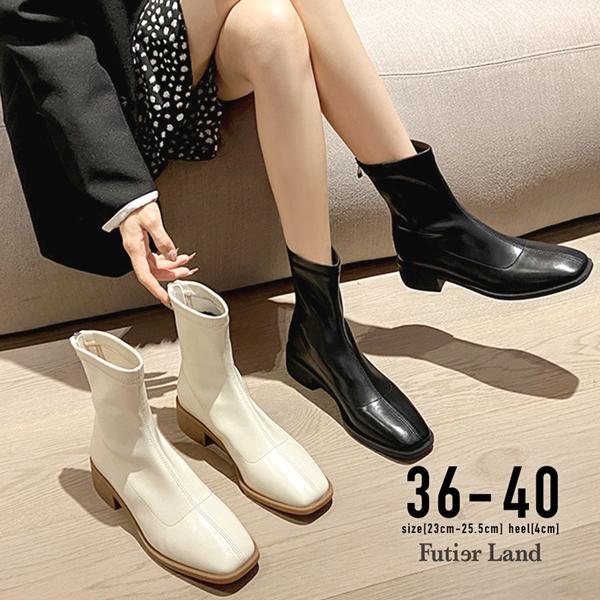 ブーツ レディース 秋 冬ショートブーツ 厚底 カジュアル シンプル かわいい おしゃれ 韓国 ファッション / バックジップスクエアショートブーツ