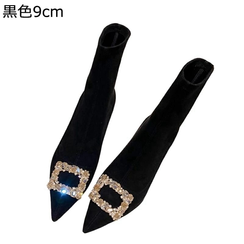 ショートブーツ レディース ブーティ ハイヒール ソックスブーツ スエード ポインテッドトゥ ラインストーン ピンヒール ハーフブーツ 柔らか キレイめ 滑り止め 快適 秋冬