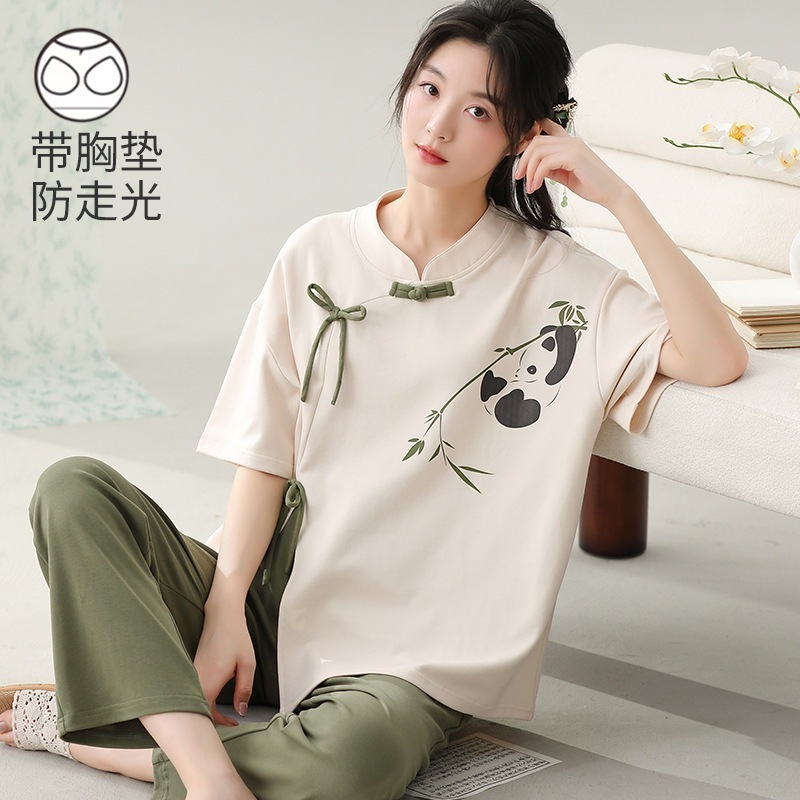 胸パッド付き純綿パジャマ夏用半袖ズボンシンプルカジュアル綿新中国風家庭服2点セットlサイズ