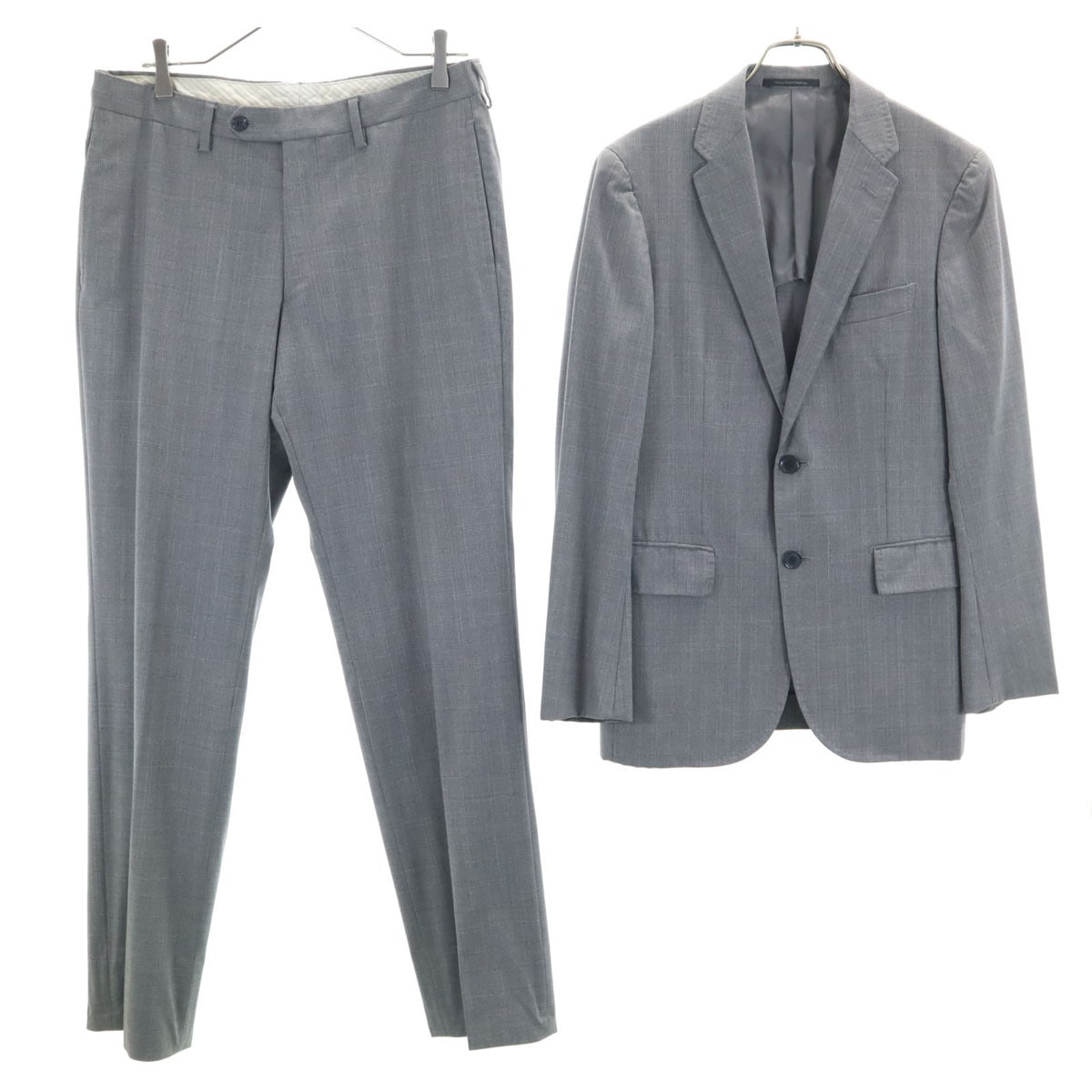 ウール100％ チェック柄 スーツ 上下セットアップ 44/80 グレー メンズ 古着
