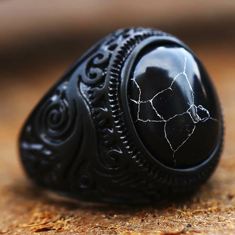 ブラックボヘミアンエンブレムストーンリング（TRM036）指輪 16-31号 黒色 ひび割れ サージカルステンレス316L 男性 女性 プレゼント かっこいい アクセサリー r1020xxxxxxxx