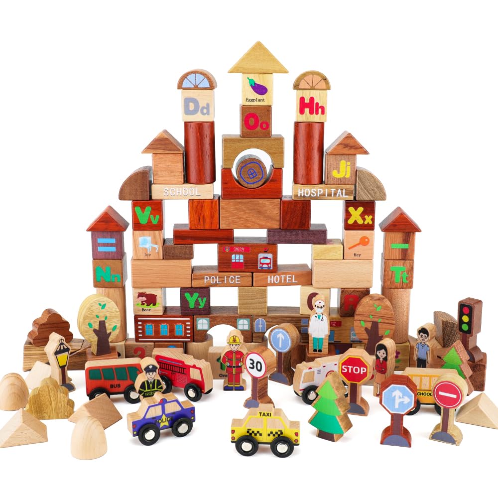 木製 都市&交通 カラフルな 積み木 リおもちゃ - 118pcs 木のおもちゃ 知育玩具 立体パズル 組み立て おもちゃくるま付き 収納容器付き 図形認識 色認識 数字 算数 ABCブロック 英単語
