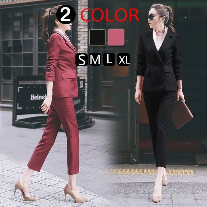 パンツ レディース 2点セット ビジネス テーラードジャケット ダブルボタン セレモニー ブラック セットアップ 入学式 卒業式 リクルート 就活 事務服 オフィス 制服 通勤 OL オフィス