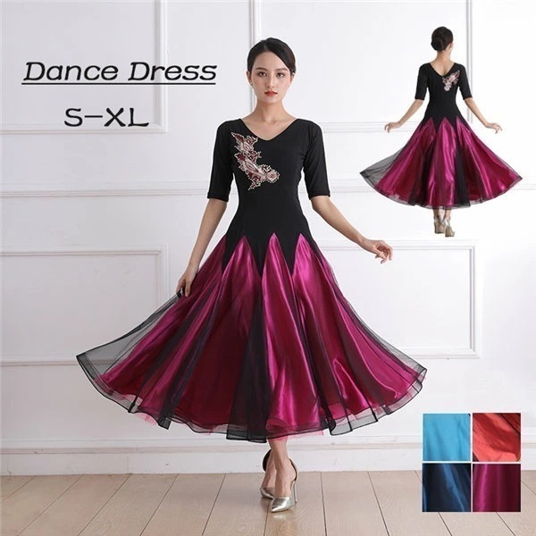【期間特典】社交ダンスドレス ダンス衣装 社交ダンス ドレス 衣装 ダンスドレス レオタード Vネック 5分袖 袖あり 透け感 刺繍 ロング丈 バイカラー スタンダードドレス ワルツ モダン 競技ダン