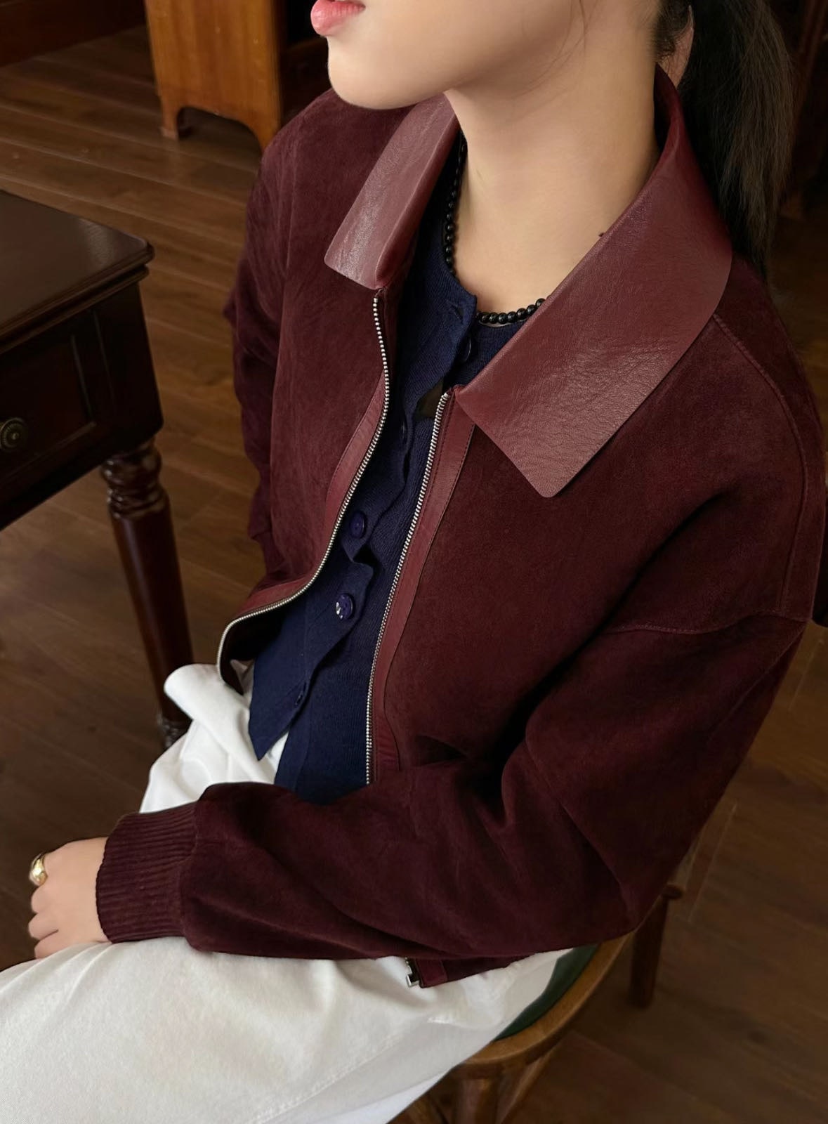 【新作】イタリア産素材使用 アンコラレッド ジップアップ ジャケット レディース PUレザーカラー 90%ポリエステル 10%スパンデックス 裏地コットン 春秋 通勤 カジュアル 防風 【LPIUTY