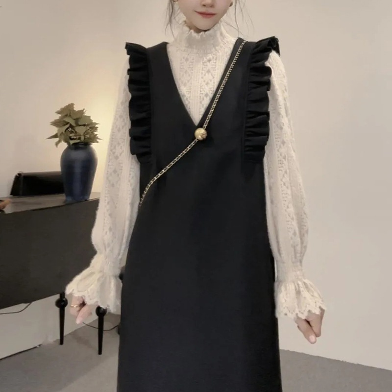 韓国風優しく上品なデザインレディース春秋ツーピースセットスリムフィットニットトップスとフリルワンピース