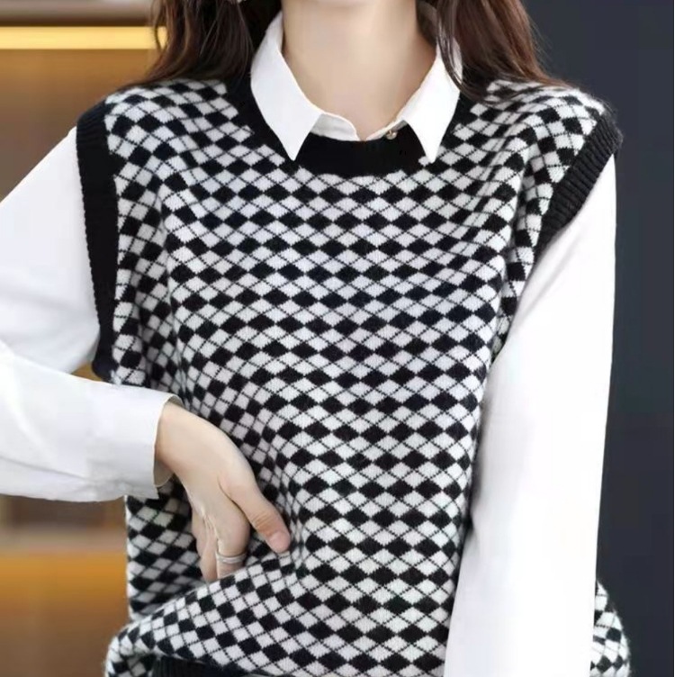 格子柄ニットベスト ニットベスト クラシカルニットベスト カジュアルニットベスト トップス ニットソー プルオーバー ベスト 袖なし ノースリーブ Vネック スリム ストレート Iライン スマート