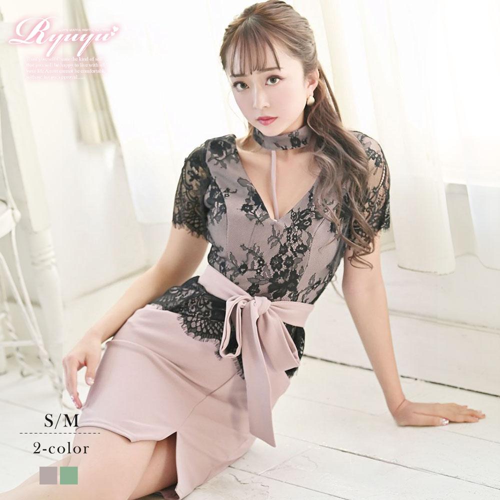 キャバドレス ミニ ペプラム 袖付き 体型カバー レース セクシー エロい ストレッチ 大きいサイズ バイカラー チョーカー Ryuyu